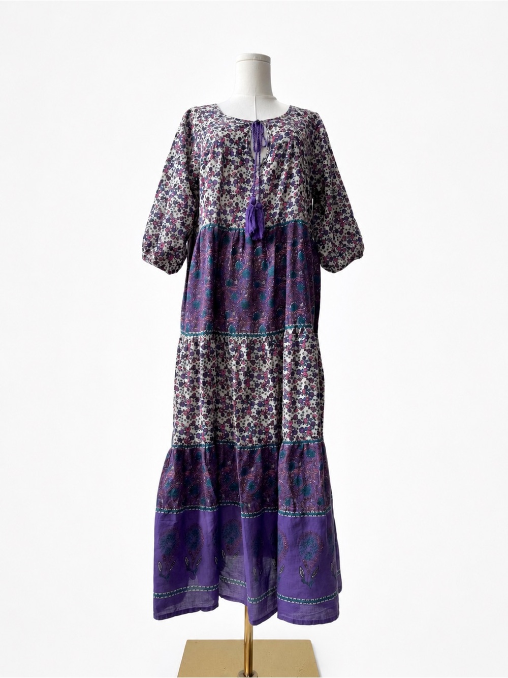 Natural Life Boho Maxi Dress S Purple Floral Tiered Tassel Cotton Cottagecore - Picture 3 of 10